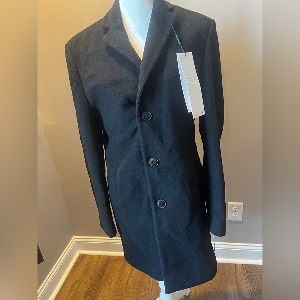 Calvin Klein X Prosper Slim Wool Blend Black Topcoat Overcoat 36R